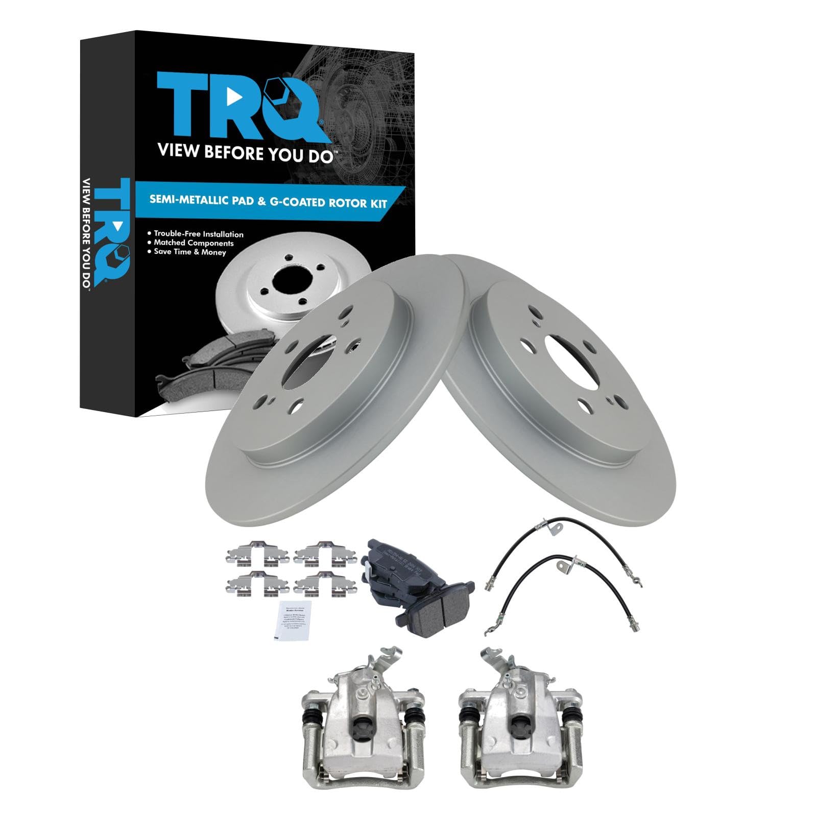 TRQ Rear Brake Pad and Rotor Set Semi Metallic Coated Rotors Calipers Compatible with 2009-2010 Pontiac Vibe 2009-2019 Toyota Corolla 2009-2011 Matrix