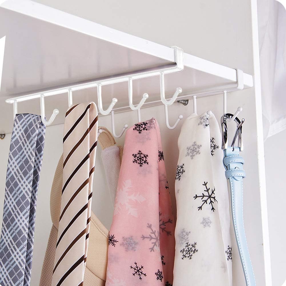 Greensen Under Cabinet Mug Rack 6 Hooks, No Drill Hanger White Iron