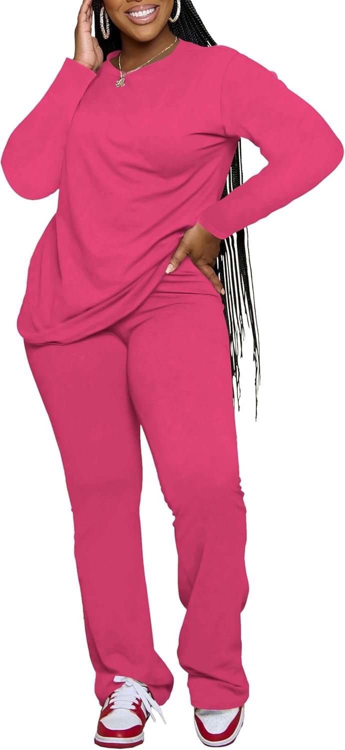 PINSV Womens 2 Piece Outfits Casual Sets Long Sleeve Top and Flare Pants Lounge Sets Tracksuit - Image 3