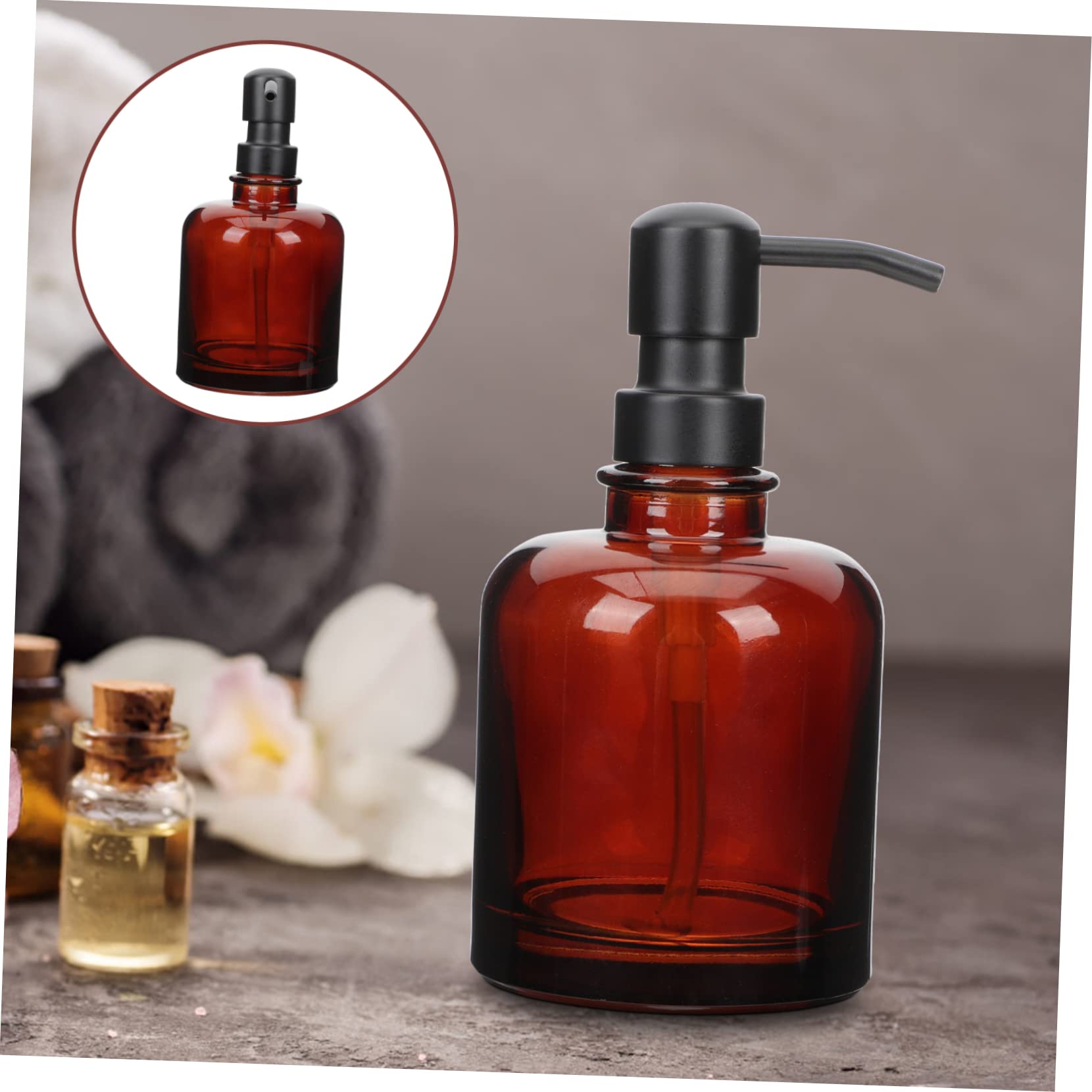 Dispenser Sapone in Vetro Ambrato 12 Oz con Pompa in Acciaio Inox, Ricaricabile e Compatto per Bagno e Shampoo