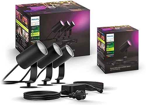 Philips Hue White & Color Ambiance Lily Gartenspot Standard Set mit 40W Netzteil (590 lm), dimmbare Außenleuchte mit 16 Millionen Farben, smarte Lichtsteuerung über Sprache oder App, schwarz, 4er Pack