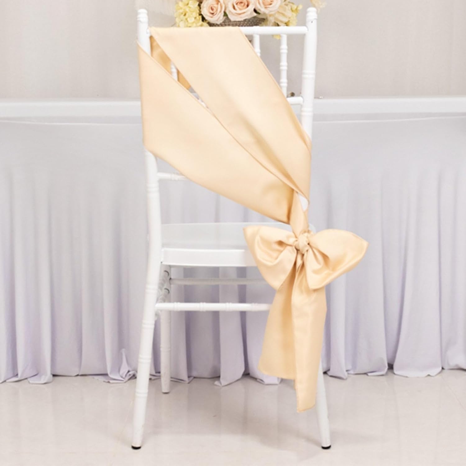 Efavormart 5 Pack Beige Lamour Satin Chair Sashes Covers, Chair Bows - 6"x106"