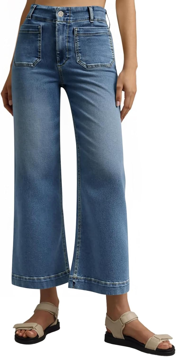 Tankaneo Wide Leg Jeans for Women Trendy High Waisted Flare Stretchy Jeans Cropped Baggy Denim Pants with Front Patch Pockets