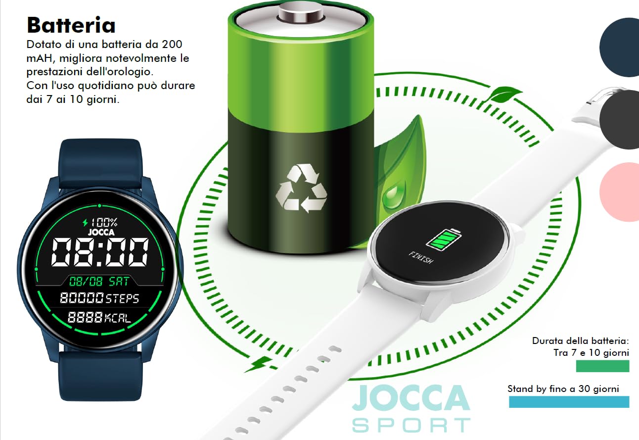 Jocca - Smartwatch | Pełny ekran dotykowy | Łączność bezprzewodowa: Bluetooth | Żywotność baterii 7-10 dni | Kompatybilny z: Android 5.1 i iOS 8.0 lub nowszy | APLIKACJA: Da Fit |
