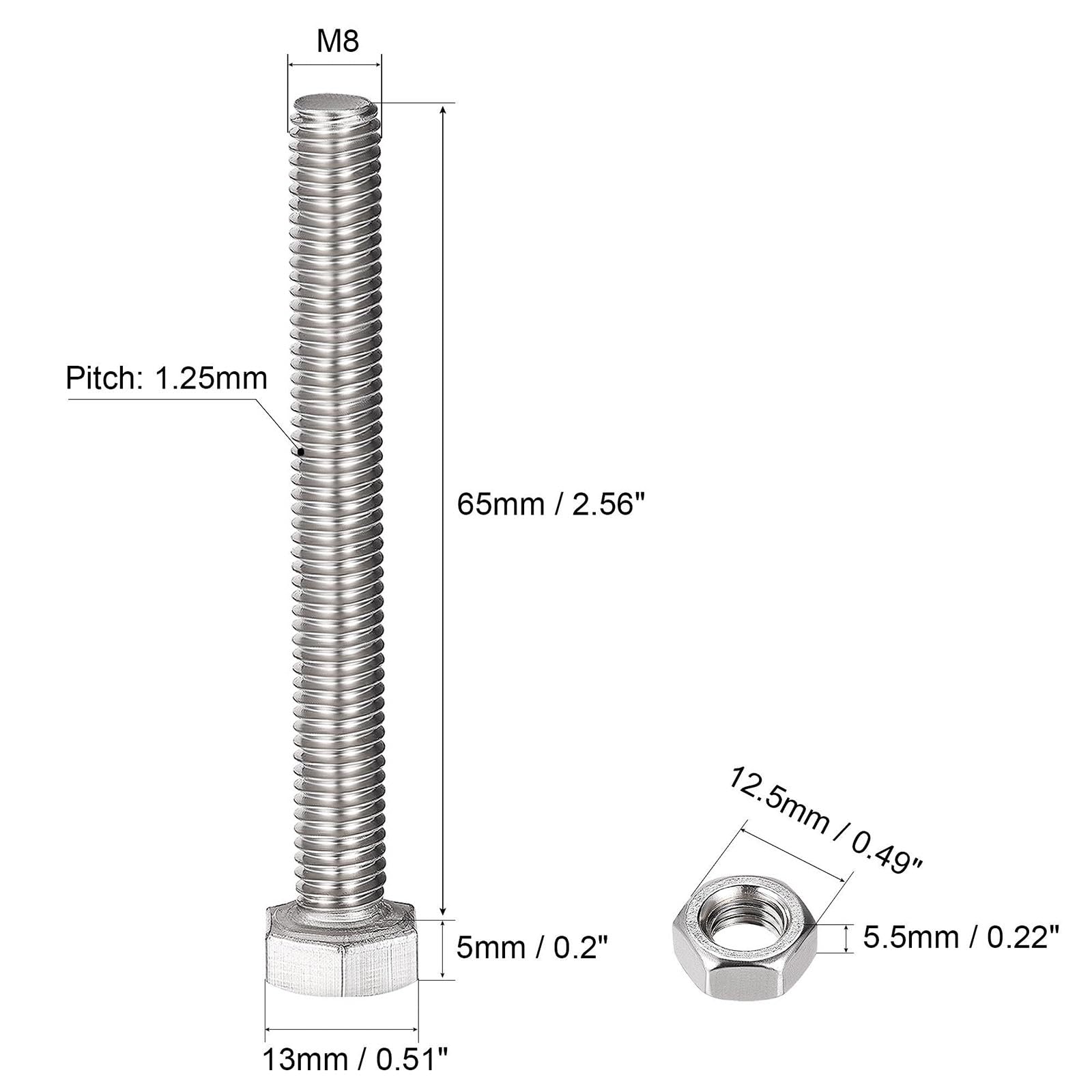 TOP-VIGOR 4Pcs M8 x 65mm Hex Head Screws Bolts, Nuts, Flat & Lock Washers Kits - Image 2