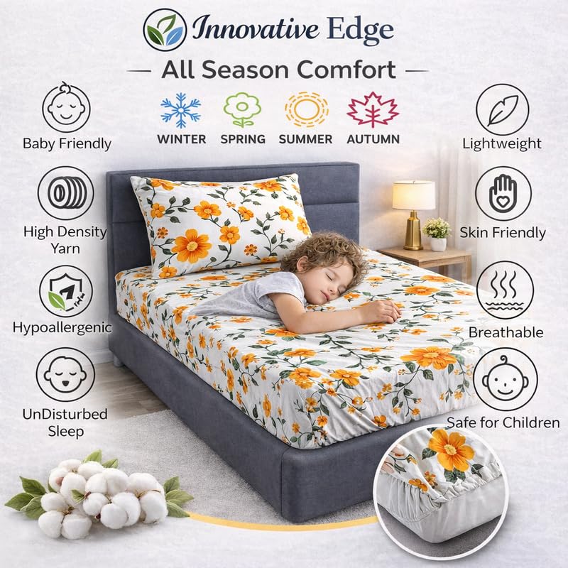 Image of Elasticated Single Bedsheet - Breathable Glace Cotton Material, Fits 6 to 8 Inch Mattress Height, Durable & Wrinkle-Free (Single, 48x72 Inches) Floral Orange