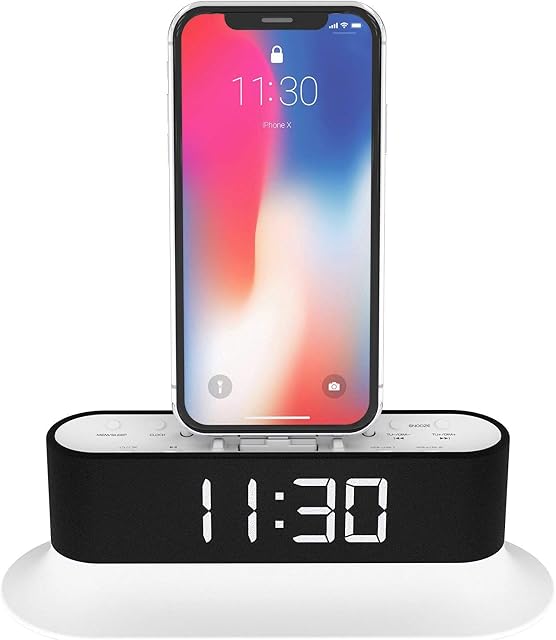 AZATOM Chronos 2 Lightning Dock Speaker for iPhone Xs Max, Xs, Xr, X, 8, 8 plus, 7plus, 7, 6s, 6, 5s, 5, 5c, SE, iPod Touch Nano - FM Radio Dual Alarm Clock - Docking station (White) (Renewed)