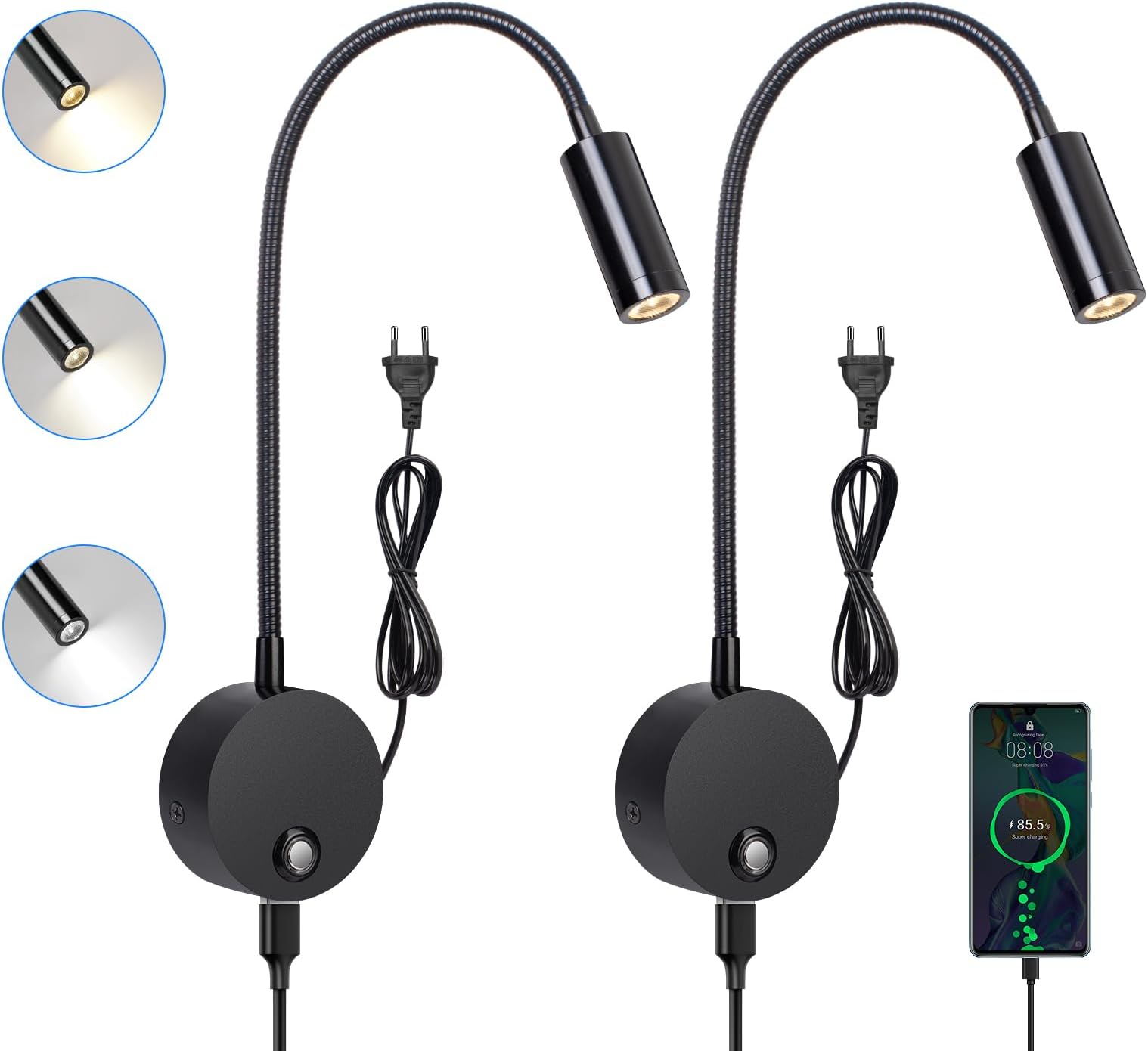 ERWEY Liseuse murale, 3W Lampe de chevet murale LED avec interrupteur tactile dimmable et port
