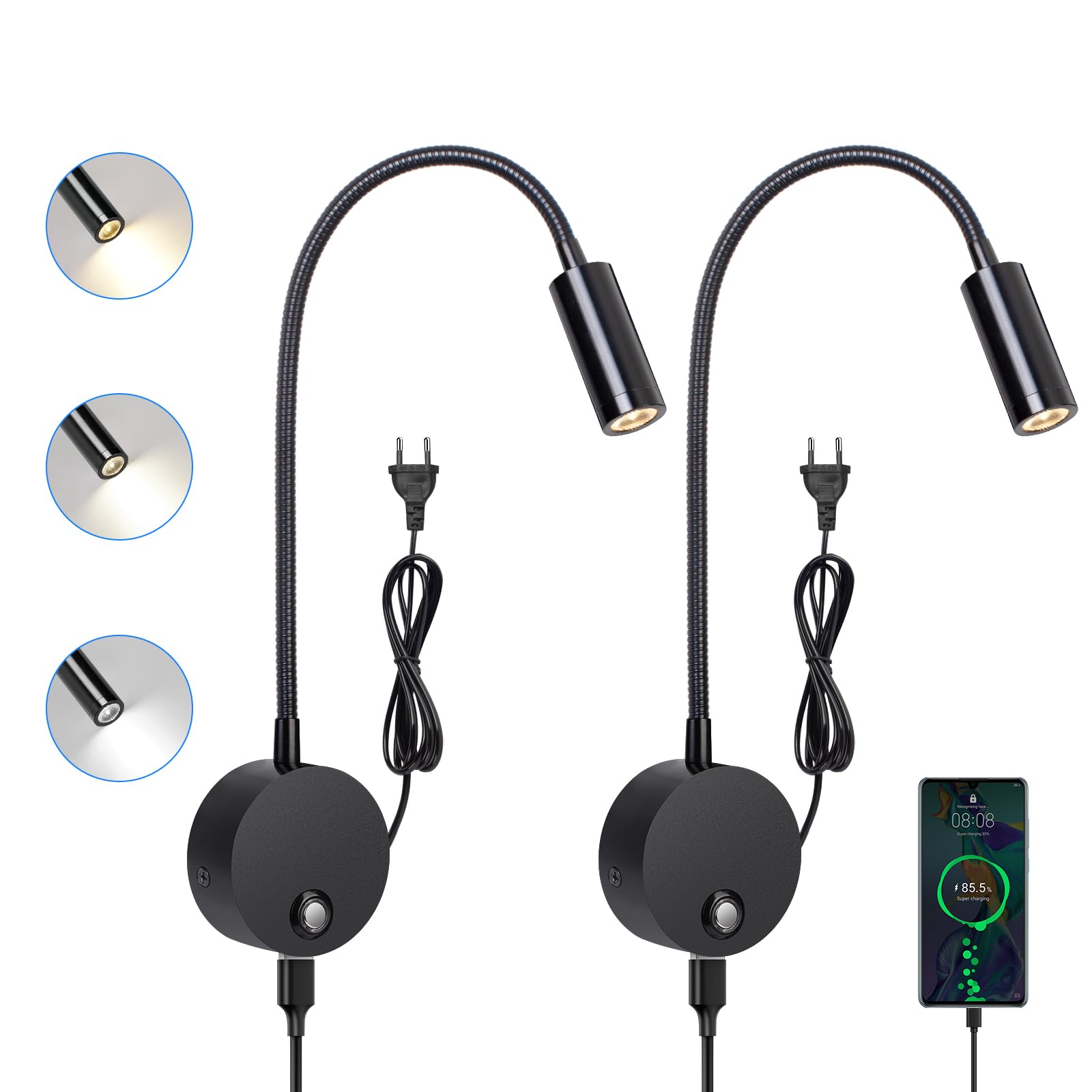 ERWEY 2pcs Applique murale LED, liseuse de chevet avec interrupteur, port de charge USB, 3W liseuse de lit pivotante à 360° avec prise et câble pour chambre, 3000-6000K, Noir