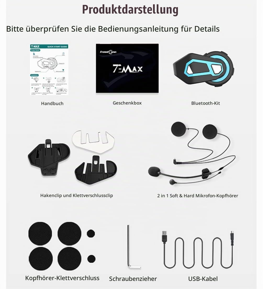 FreedConn T-Max Pro Motorrad Intercom für 6 Fahrer Gruppe, Helm Bluetooth 5.0 Headset mit Musik-Sharing, 570 mAh, 1000m Reichweite, IP65 Wasserdicht, FM Radio, Voice Prompt, Skifahren