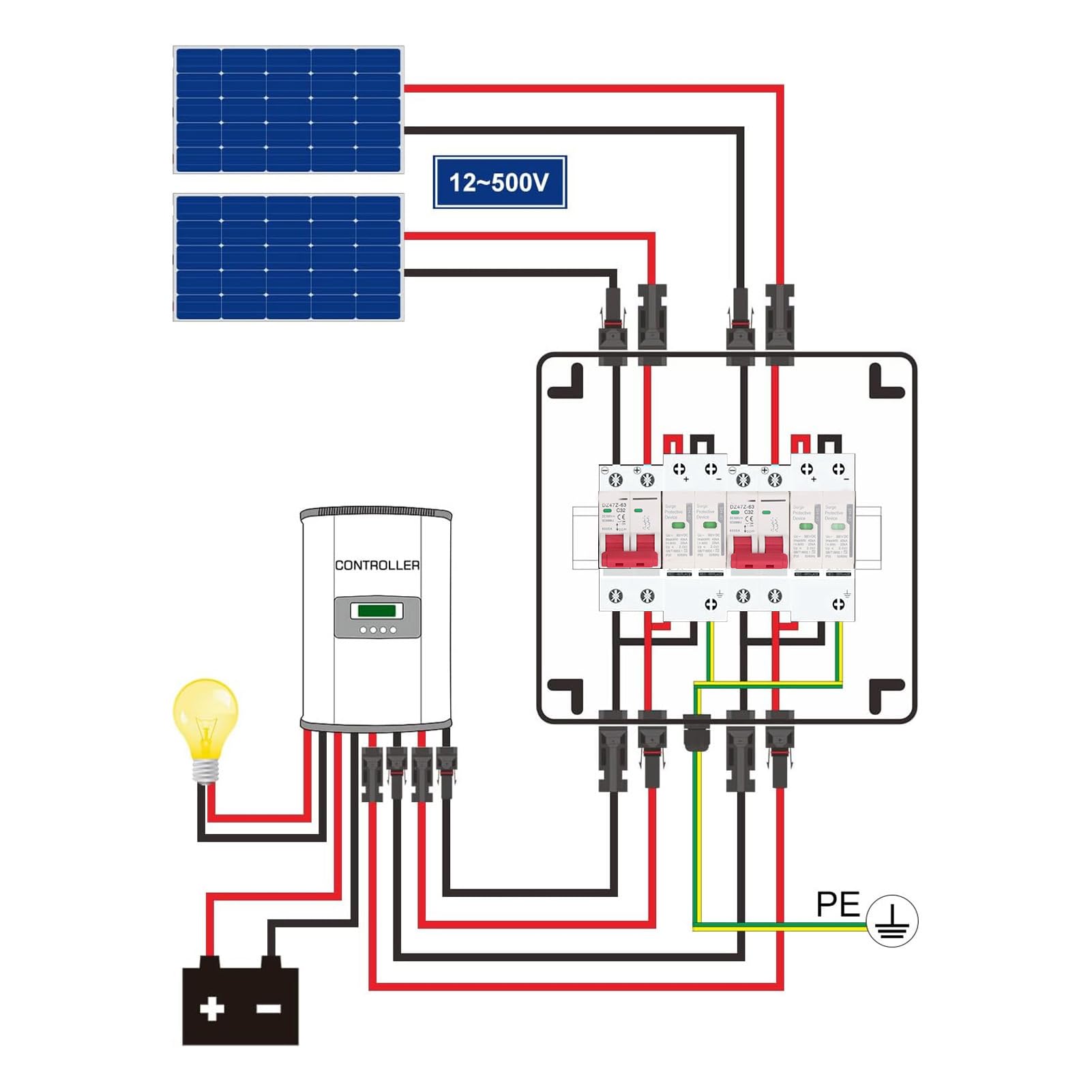 Generic Wyłącznik Fotowoltaiczny DC 500 V 32 A IP65 Wyłącznik Izolacyjny z Pudełkiem do Ochrony Słonecznej, Wodoodporny Ogranicznik przepięć do Systemów Solarnych Poza siecią