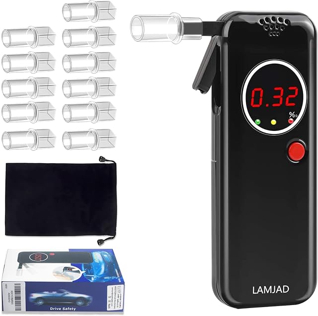 LAMJAD Breathalyzers Breath Tester, Portable Alcohol BAC Professional Personal Alcohols Fast And Accurate Results of Blood Content Tester, Digital LCD Tester With 12 Nozzles Display and 1cloth bag