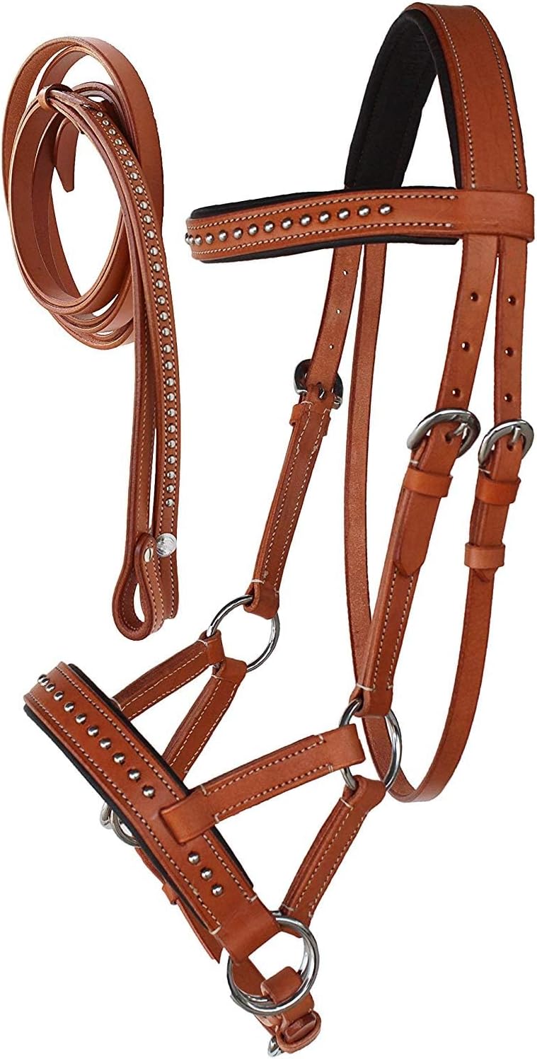 English Bridle Headstall Reins Leather Cowhide Genuine Horse Crossover Crossunder Raised Fancy Stitched Laced All Purpose Jumping Dressage Rubber Crystal Padded Adjustable Browband Full-Cob,M07