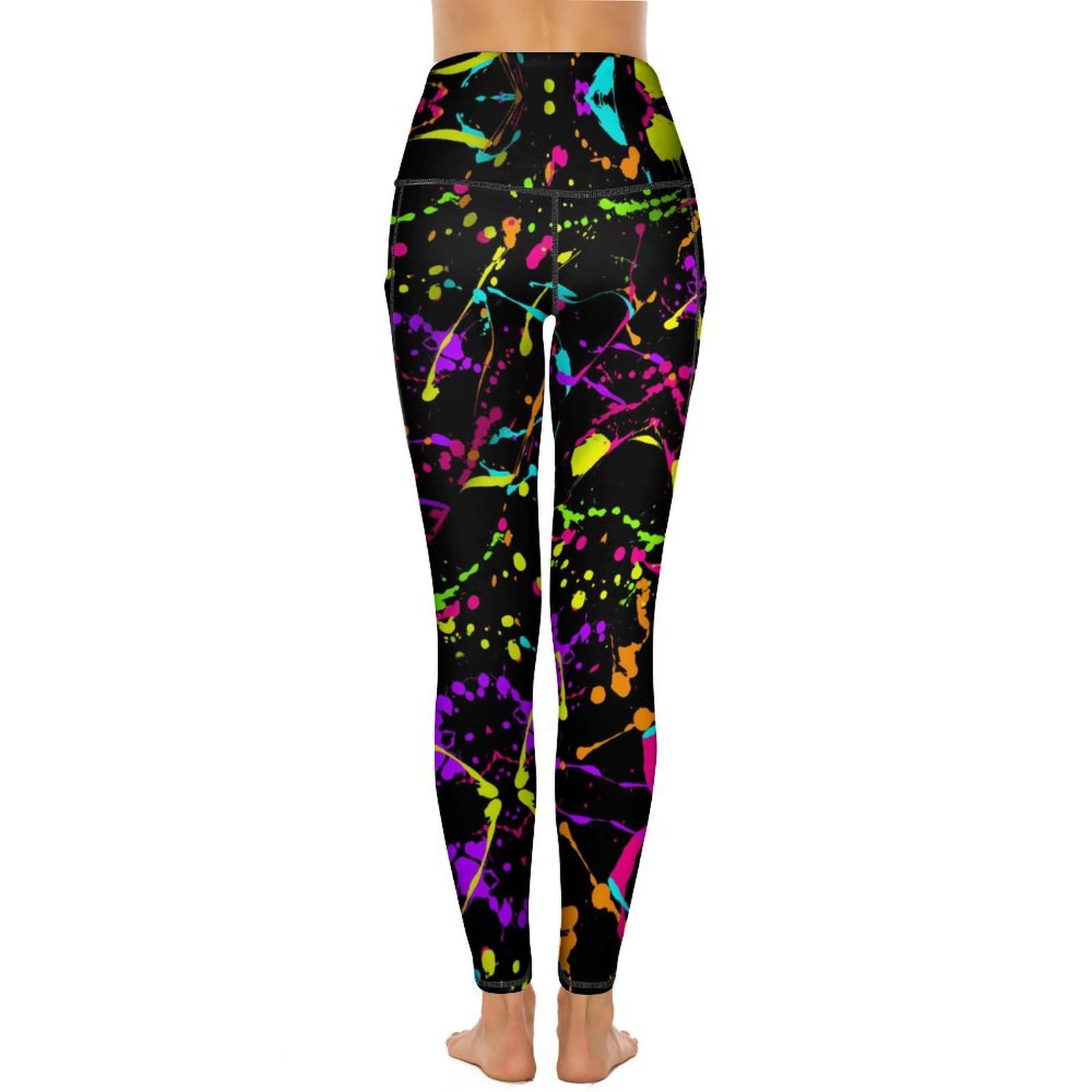 Glow in Dark Splatter Neon (11) Yoga Pants with Pockets High Waist Gym Pants Long Workout Leggings for Women M