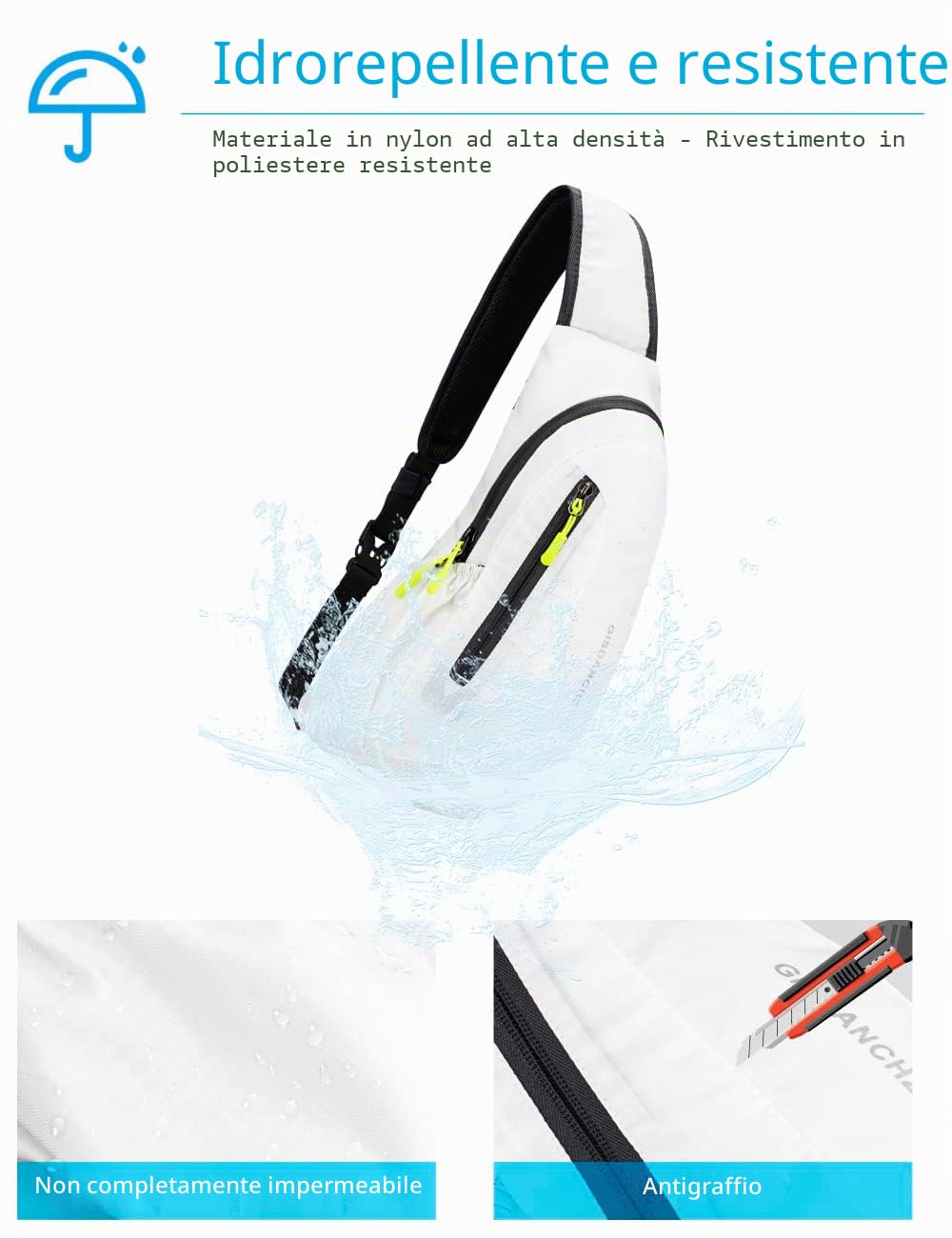 Zaino Monospalla Uomo e Donna, Zainetto Borsello a Tracolla, Marsupio Sling Backpack Rucksack Crossbody Shoulder Bag, Bianco
