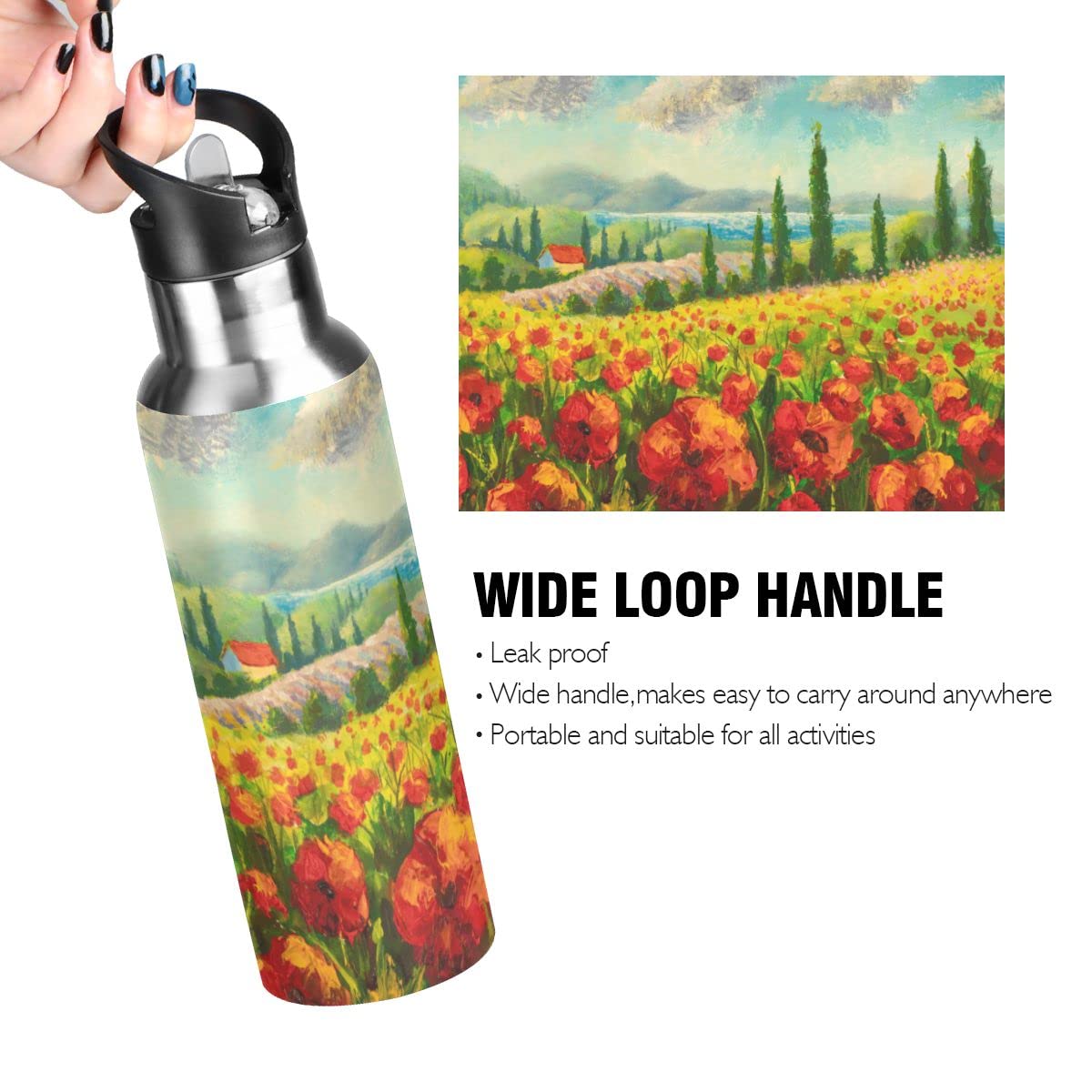 Edelstahl Wasserflasche mit Strohhalm, rote Mohnblumen isolierte Trinkflasche Sport Wasserflasche für Kinder Erwachsene, auslaufsicher, 1L