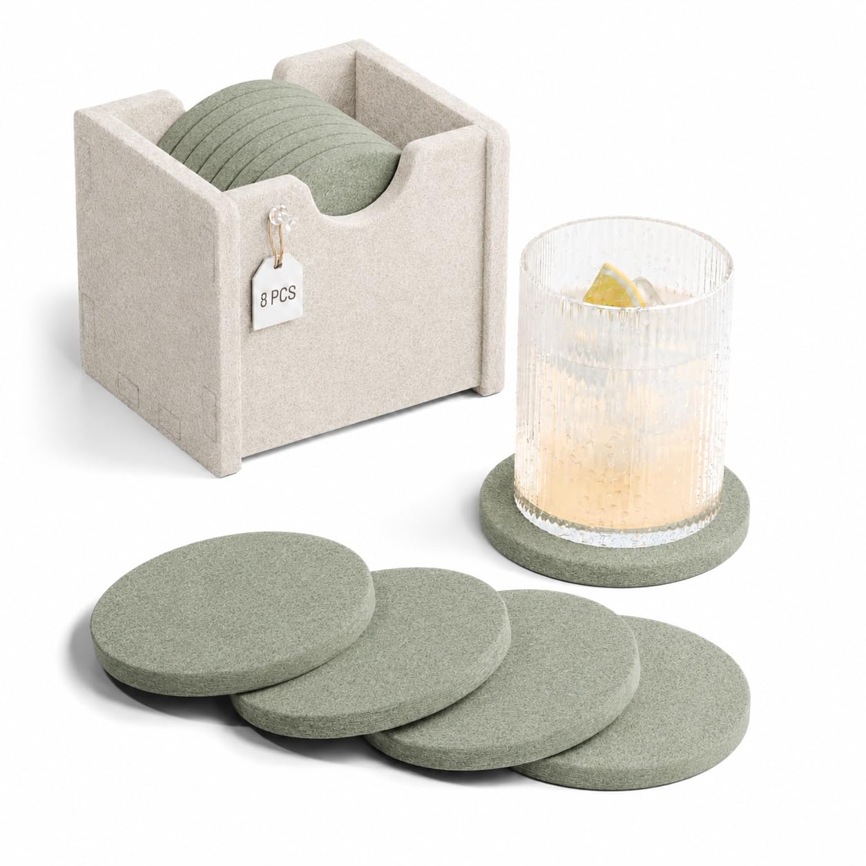 Fluxynara Felt Drink Coasters with Holder, Round, Set of 8, Sage — image 1
