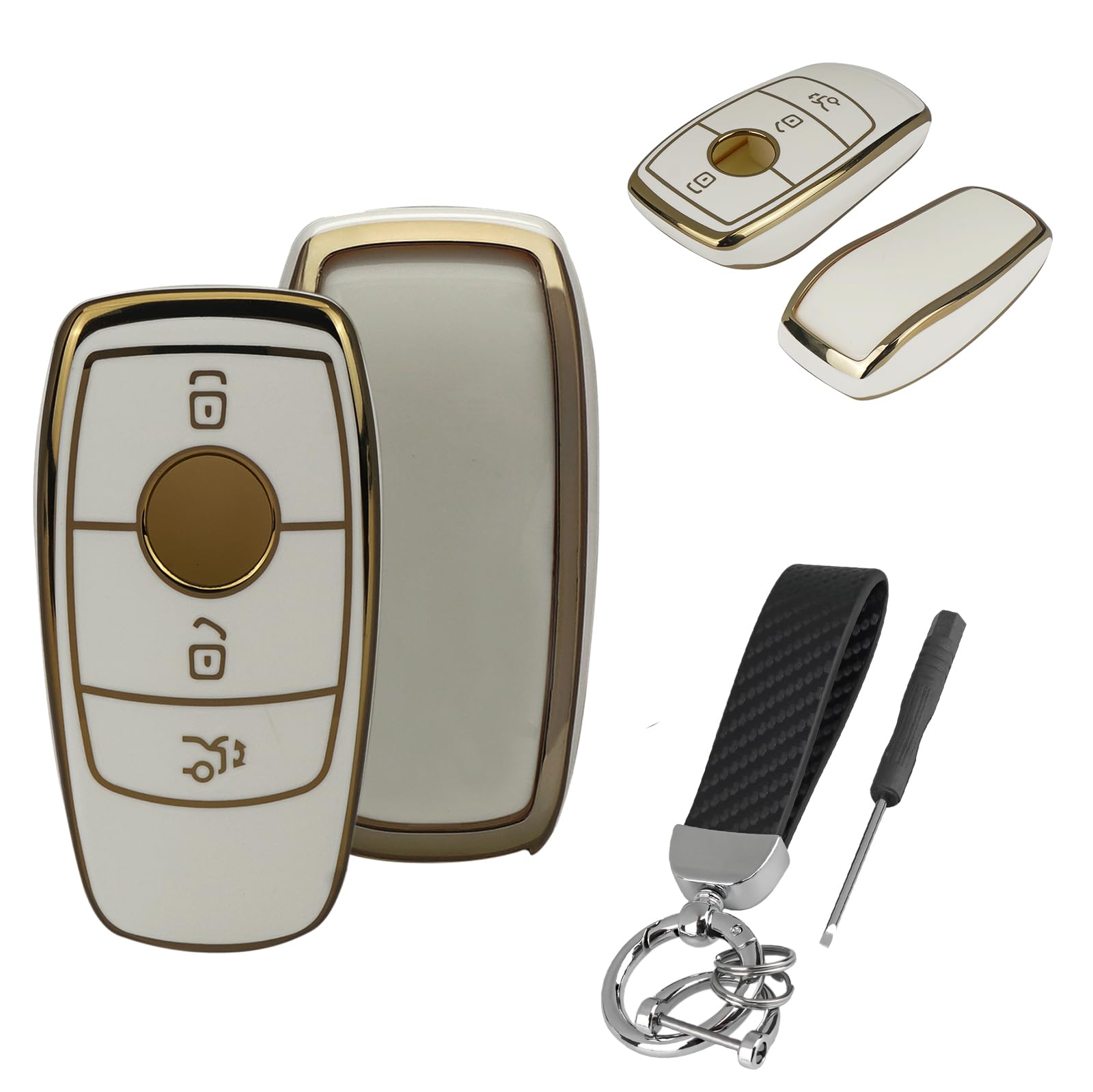 VailikeyTPU Silicone 3 Buttons Mercedes Benz Car Key Case Protective Key Cover for Mercedes Benz E Class 2017 S 2018 (White and Gold Edge)