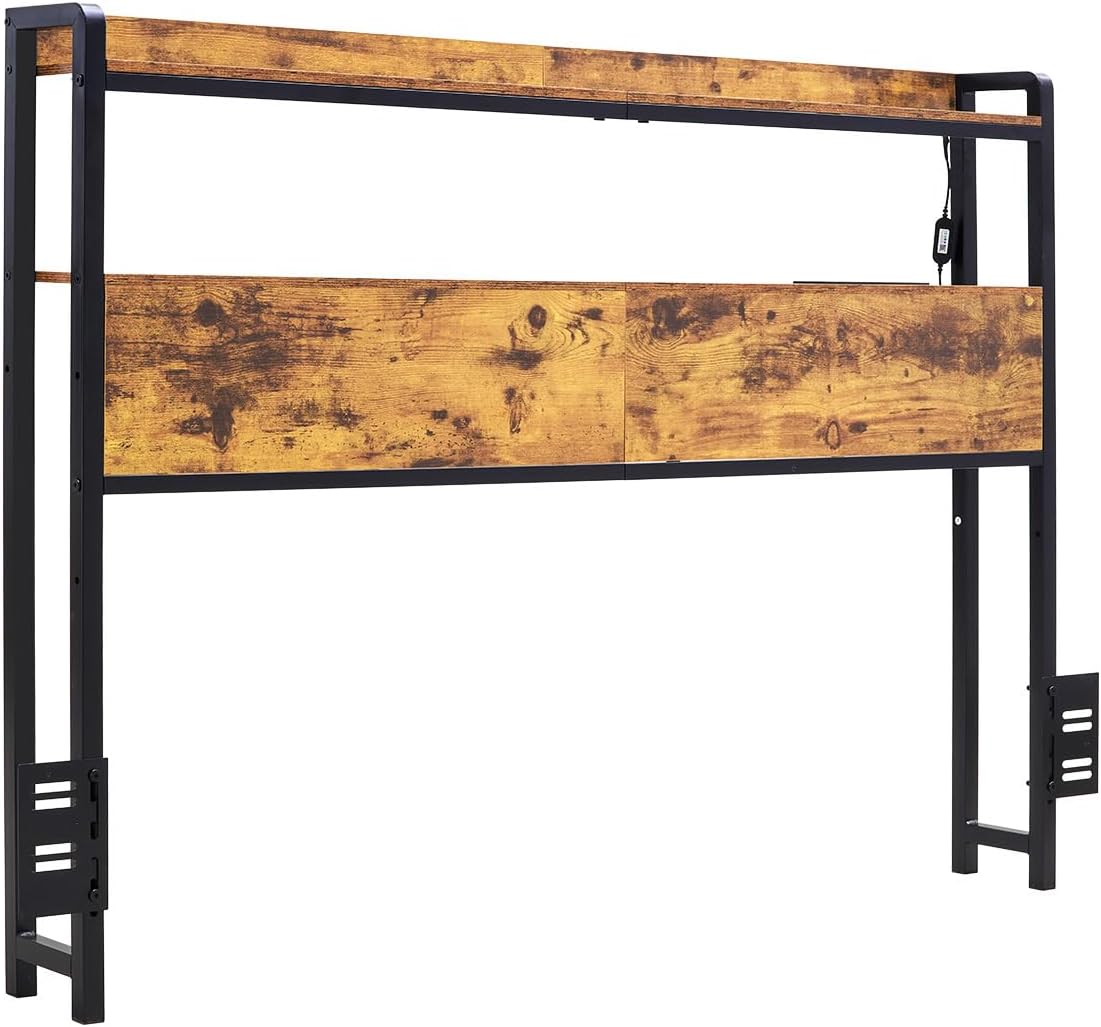 VEVOR Headboard for Full Size Bed, Adjustable Height Headboard with 2 Shelves Storage, Freestanding Head Board with Charging Station and LED Light for Different Bed Frames, Easy Assembly, Brown