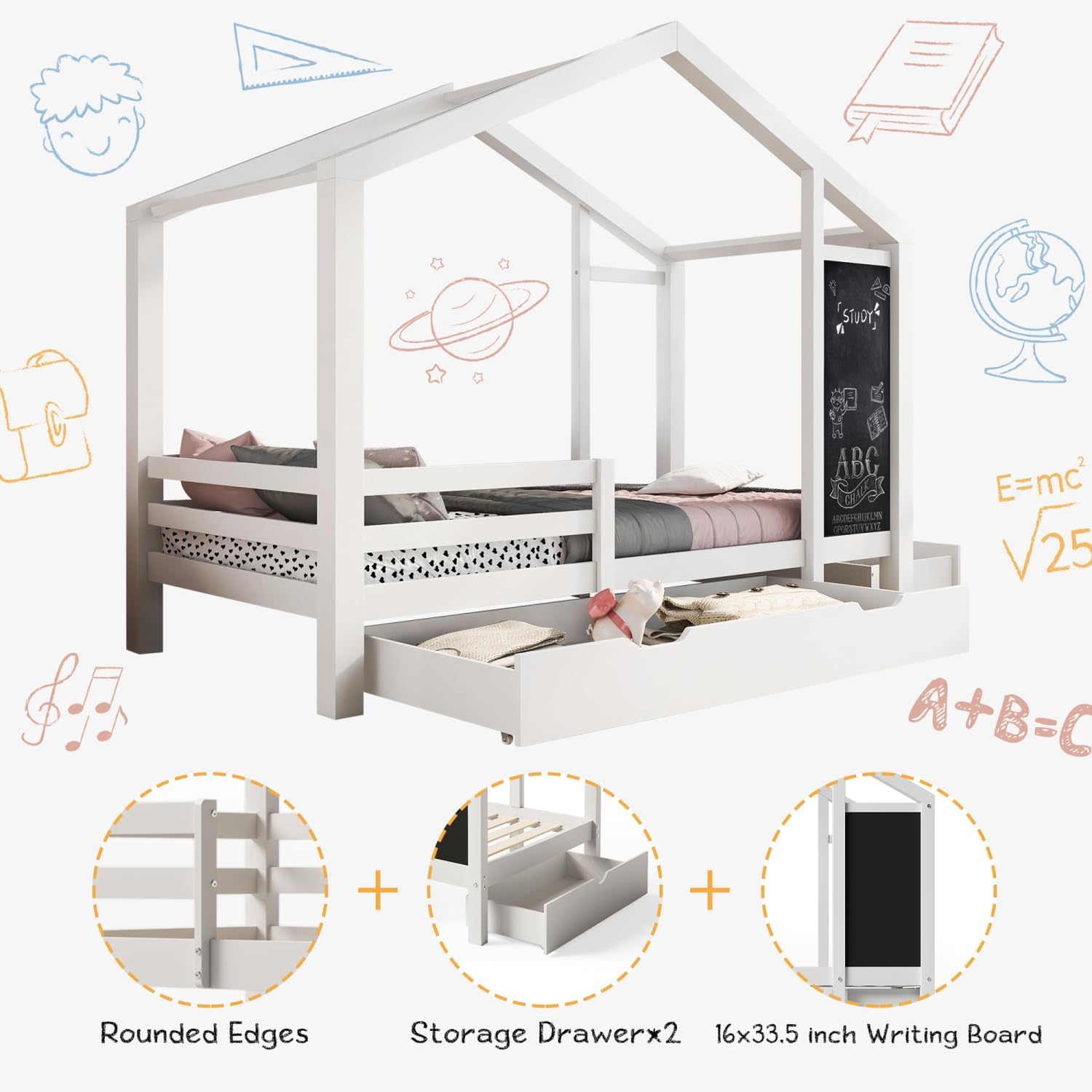Twin House Bed with Blackboard and Drawers, Two Assembly Options, White White Combining Practicality and Creativity Child's Bedroom Family-Friendly