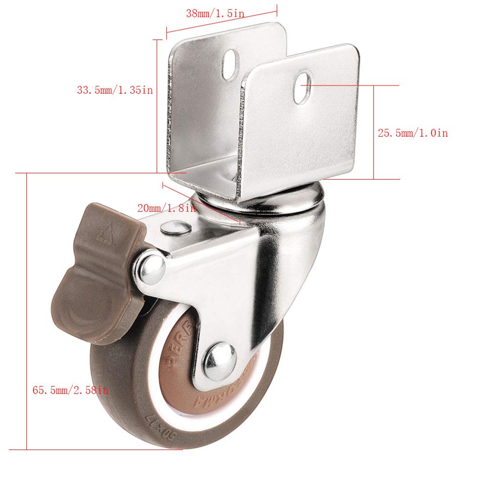 Support en U Chromé Roulettes Pivotantes,50mm Roulettes de Meubles en Caoutchouc,Pivotantes 360° Roues,Muet,Convient pour Lit Bébé,Charge 90KG,avec des Vis,4 Pièces (20mm,4 frein)