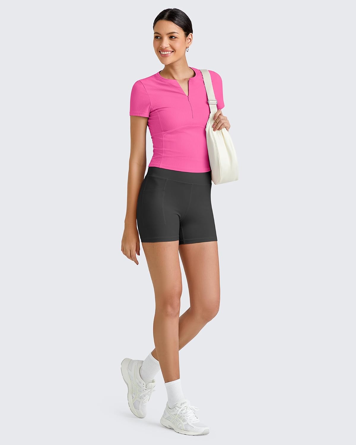 G4Free Workout Tops for Women Short Sleeve Yoga Ribbed Quarter Zip Pullover Shirts Running Breathable Athletic Gym Slim Fit (Hot Pink,M) - Image 7
