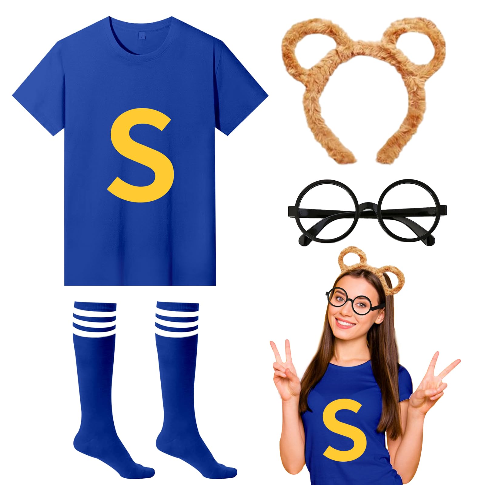 4Pcs Chipmunks Costumes Set with Chipmunk Headband Glasses T-shirt Soccer Socks, Chipmunks Fancy Dress Outfit Party Animal Cosplay for Adults World Book Day Halloween Dress Up (Blue, XL)