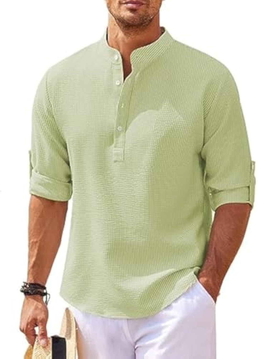 Men's Cotton Linen Shirt Casual Long Sleeve Henley Hippie T Shirts Summer Fashion Beach Tops Slim Fit Basic Button Up Shirts Lightweight Solid Color Banded Collar Shirt Typical Holiday Sports Tops, XL