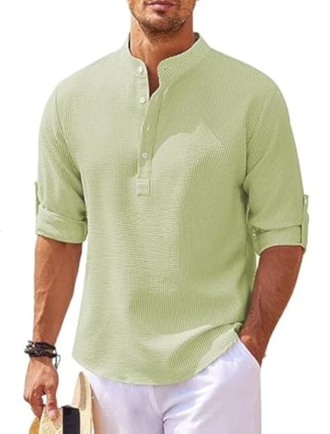 Men's Cotton Linen Shirt Casual Long Sleeve Henley Hippie T Shirts Summer Fashion Beach Tops Slim Fit Basic Button Up Shirts Lightweight Solid Color Banded Collar Shirt Typical Holiday Sports Tops, XL