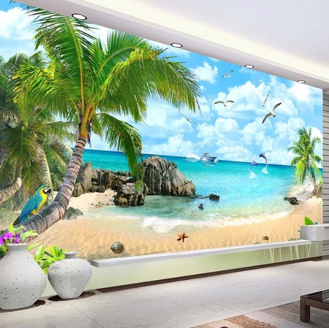 Papier peint panoramique plage 3D 350x256 cm pour mur de salon