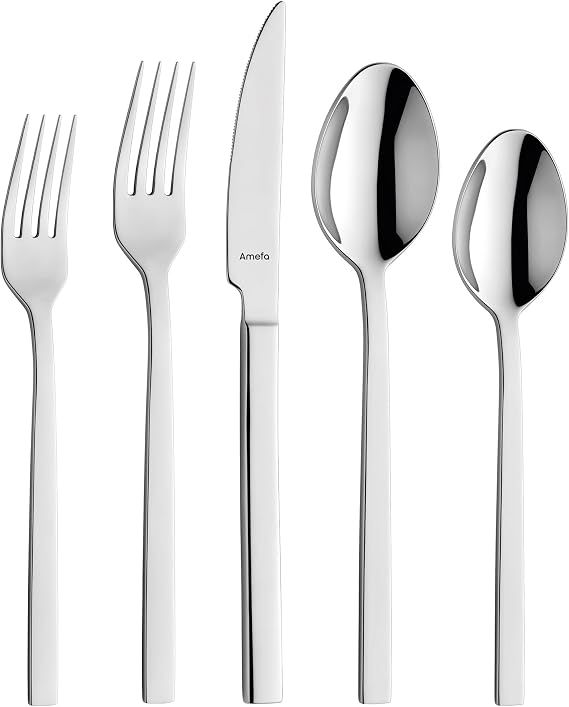 Amefa Cube 20-Piece Flatware, Set for 4 Stainless Steel Silverware with High-Gloss Mirror Finish, Ergonomic Handles, Rust-Resistant Cutlery with Dinner Forks, Knives, Spoons, Salad Forks & Teaspoons