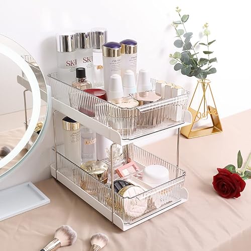 Beelee Organiseur transparent à 2 niveaux pour comptoir de salle de bain et cuisine, organiseur coulissant sous l'évier, panier de rangement pour garde-manger