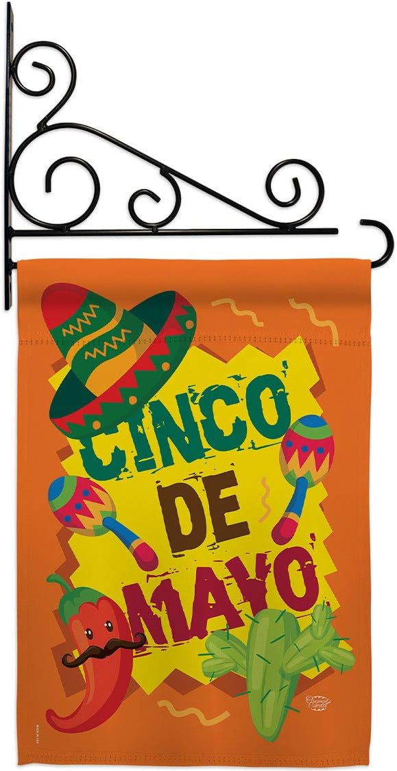 Cinco de Mayo Garden Flag Set Wall Holder Summertime Party Cactus Pinata Sombrero Mexican Fiesta Outdoor Small Decorative Gift Yard House Banner Made in USA 13 X 18.5