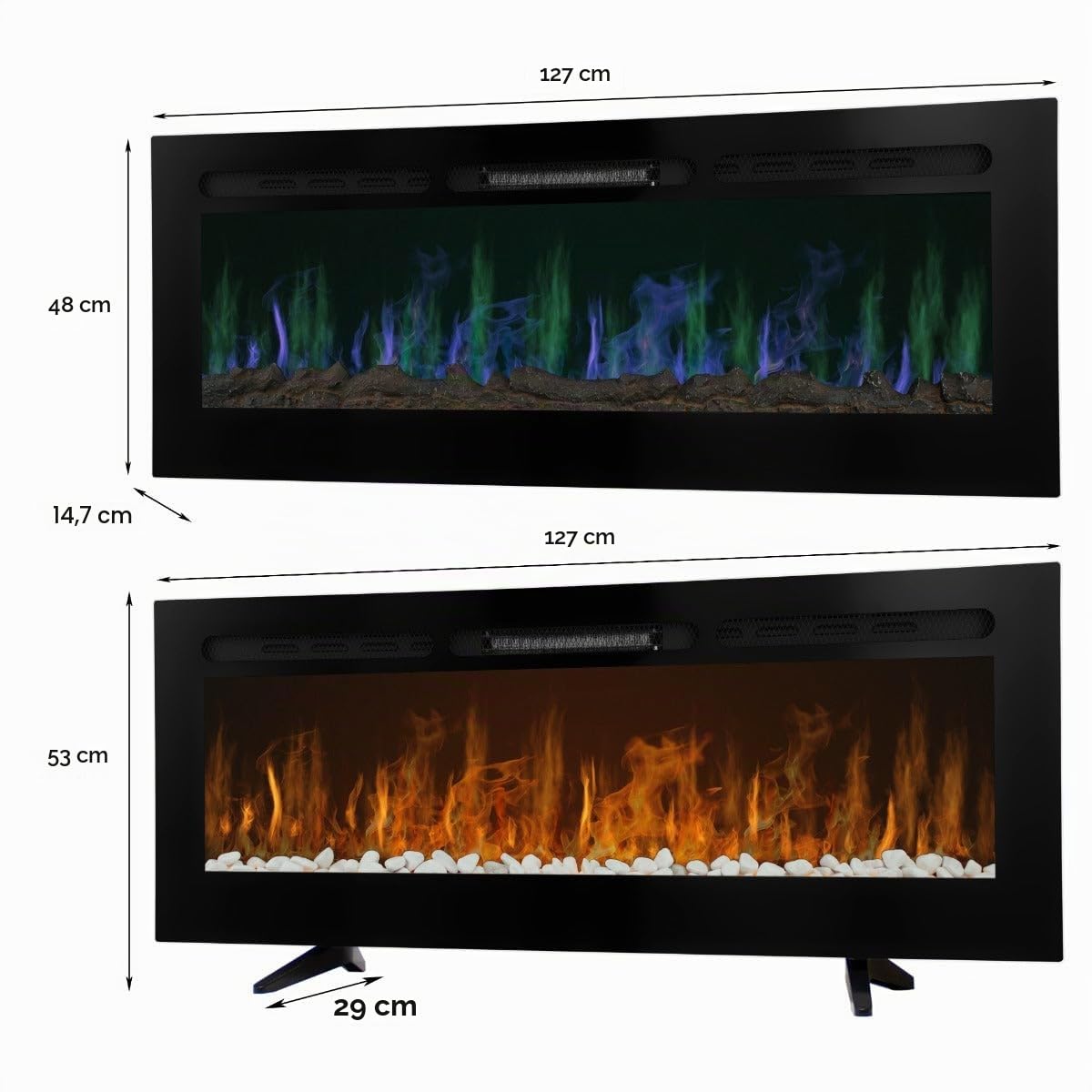 Camino Elettrico da Incasso o Indipendente, 12 Colori di Fiamma Variabili e Luminosità Regolabile con Telecomando Sassolini e Cristalli e Effetto Tronchi 950W 1850W 15-35 Gradi - 50 Pollici
