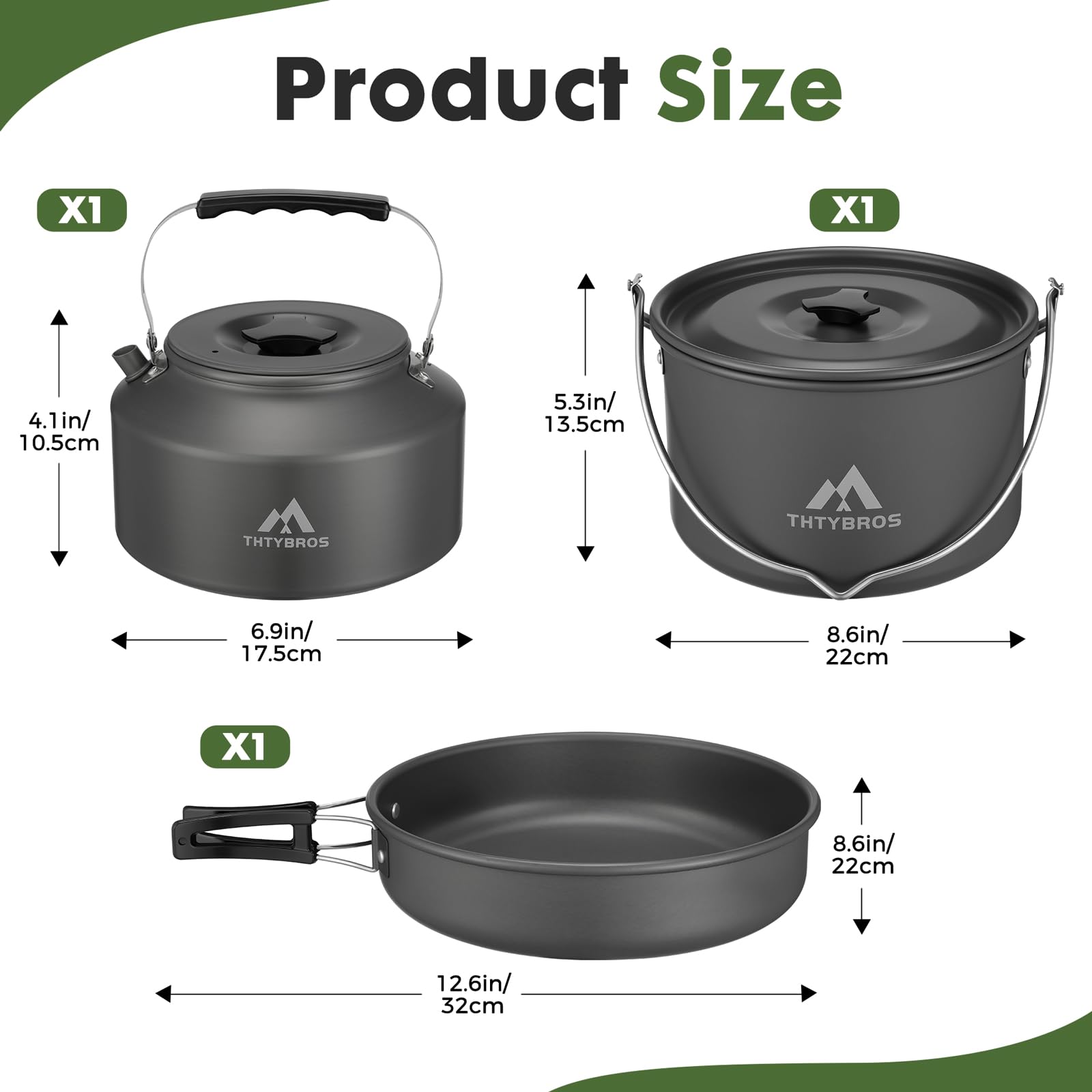 Zestaw naczyń kempingowych THTYBROS 43 elementów dla 6 osób, garnek 4,75QT, czajnik 2,1QT, patelnia, kubki oraz sztućce, solidny zestaw aluminiowy na biwak, wędrówki i pikniki