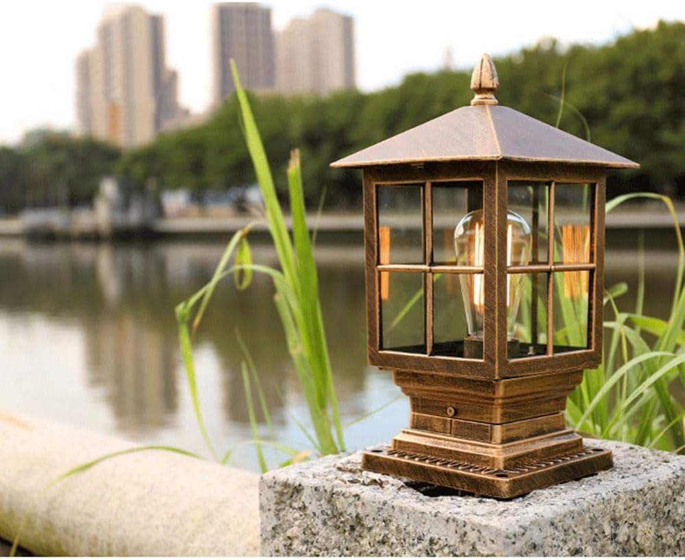 E27 Outdoor Floor Lamp, Glass Lantern And Metal Outdoor Headlights, Fence Post Lighting, Pillar Lamp Waterproof Yard Fence Column Lamp for Porch Garden