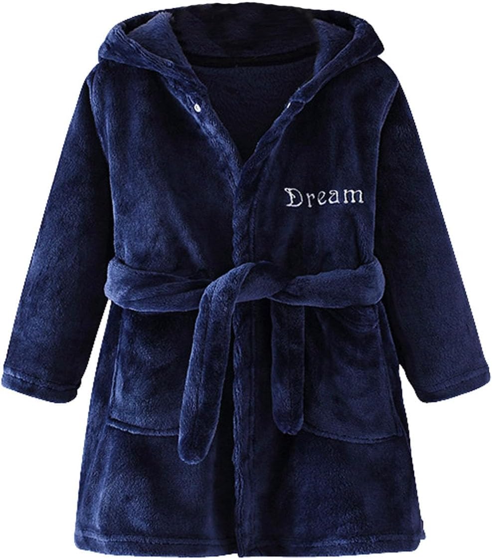 TOLLION Toddlers Kids Hooded Robe Boys Girls Soft Flannel Bathrobes Pajamas Plush Robe(Blue,2T)