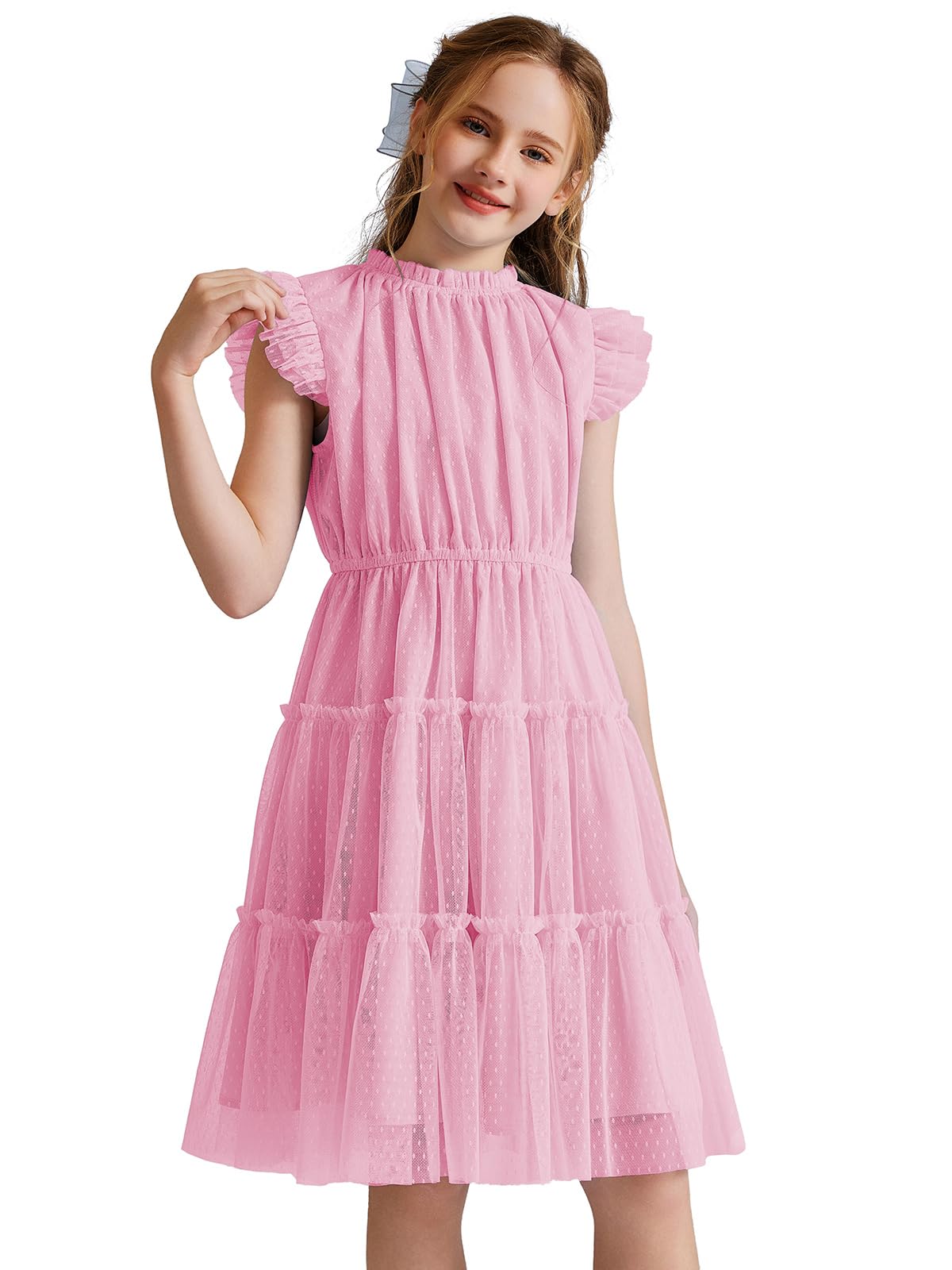 Quedoris Mädchen Tüllkleid, elastischer Hals und Taille, drei Schichten, Rüschenärmel, gestufter Rock, Party, Freizeitkleid