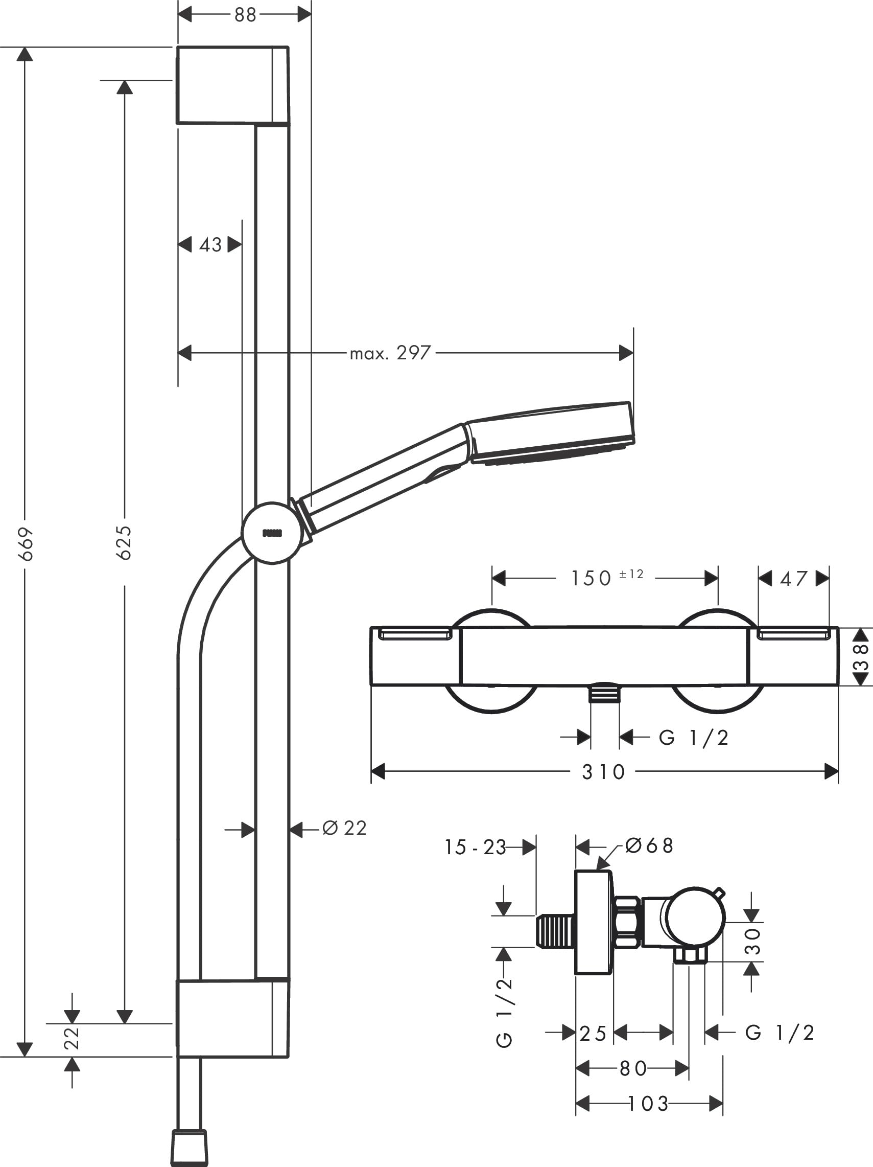hansgrohe Pulsify Select S - Set doccia con termostatico Ecostat Element, doccetta a risparmio idrico (EcoSmart, 105 mm, 3 getti), tubo flessibile e asta doccia (0,65 m), cromo, 24272000