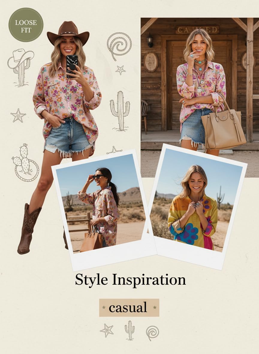 Womens Animal Floral Print Button Down Shirt with Pocket 2026,Long Sleeve Casual Blouse Top for Vacation Party Work - Image 6