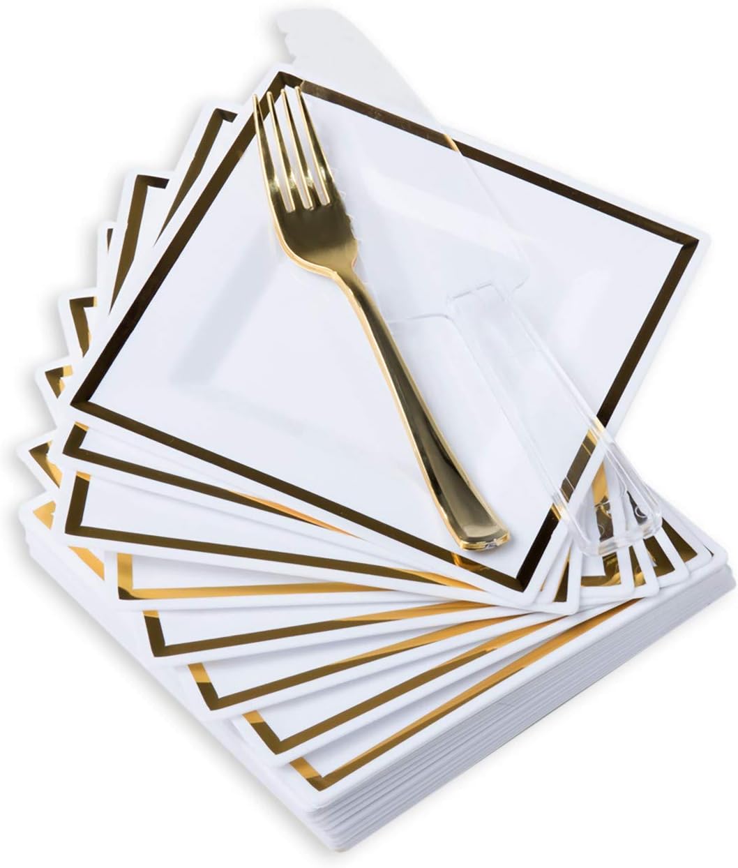 Dessert Plates with Forks & Cake Knife, 201 Pcs - Modern, Square, Disposable Set in Gold or Rose Gold Trim - Premium Plastic Serveware - Party Supplies, Durable, Non-Toxic and BPA-Free (Gold)