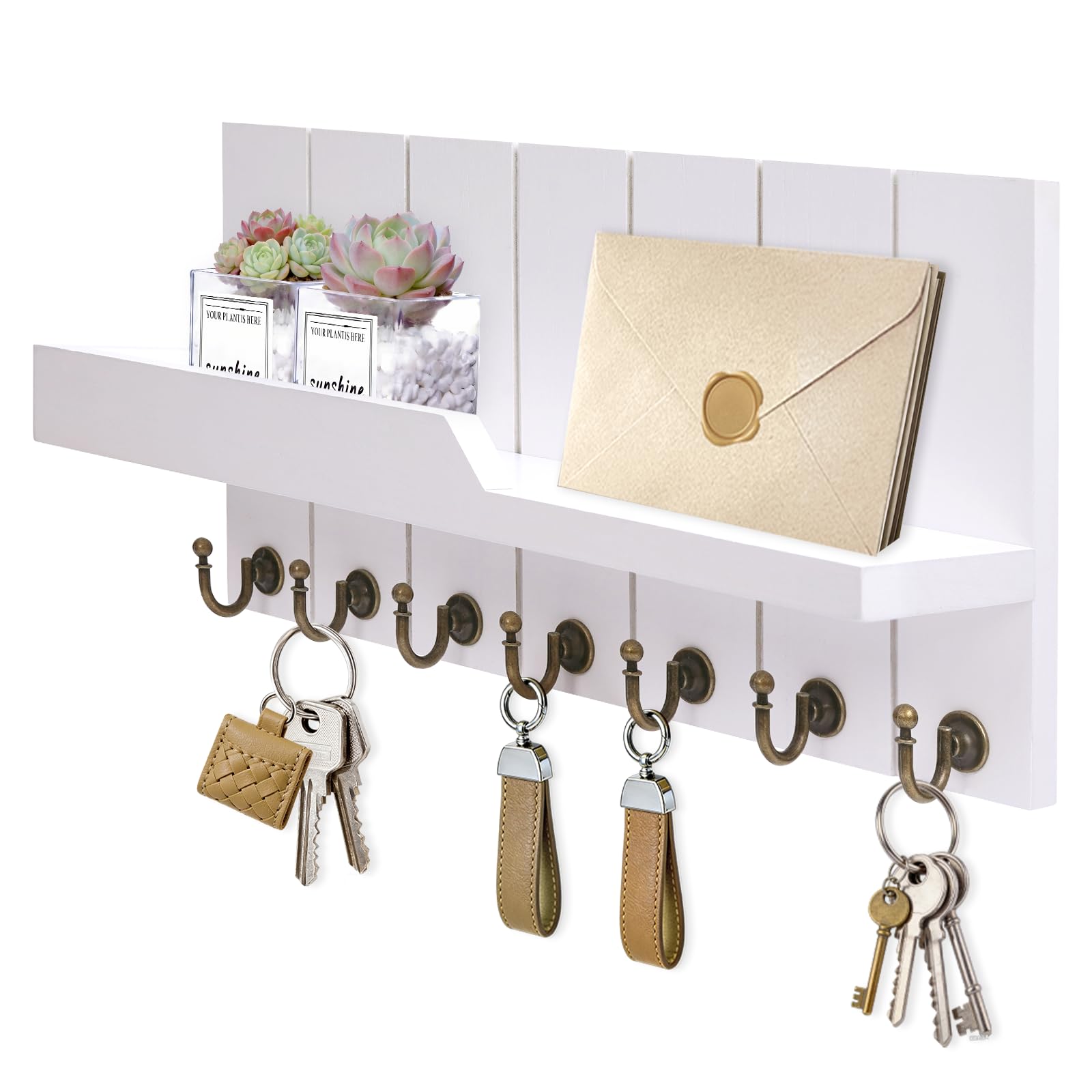 Portachiavi da Parete Appendichiavi da Muro in Legno con 5 Ganci per Ingresso, Porta di Casa, Corridoio, Camera da Letto (Bianco)