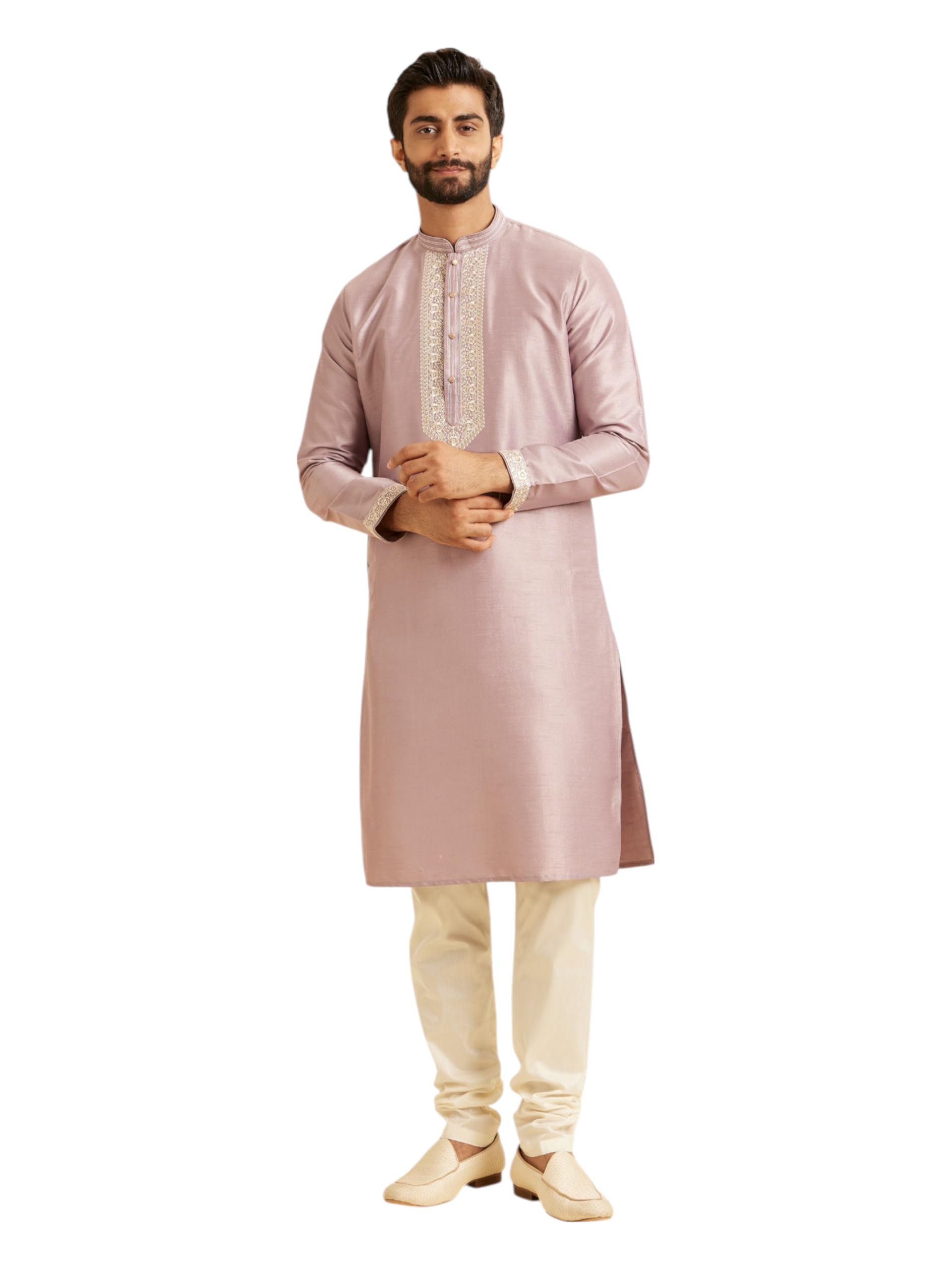 manyavar Men's Art Silk Neckline Embroidered Solid Kurta Set (2pcs)-picture-12