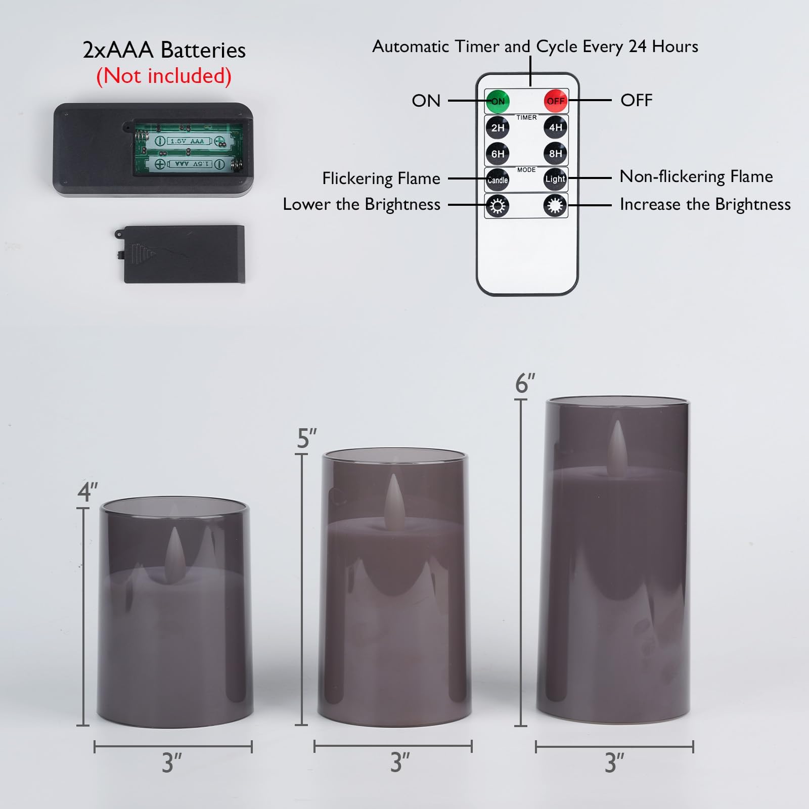 Homemory LED Elektrische Kerzen mit Fernbedienung & Timer, Batteriebetriebene Kerzen mit Flammen-Effekt, Perfekt für Weihnachtsdeko & Wohnzimmer, 3er Set Grau