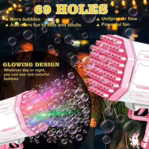 Stondino Bubble Machine For Kids 69 Hole Bubble Gun Tik Tok Bubble Blower Foam Machine For Party Bubble Gun For Adult Summer Toys For Kids Ages 4-8 Gift For Outdoor Indoor Birthday Wedding Party（Pink #TOP3