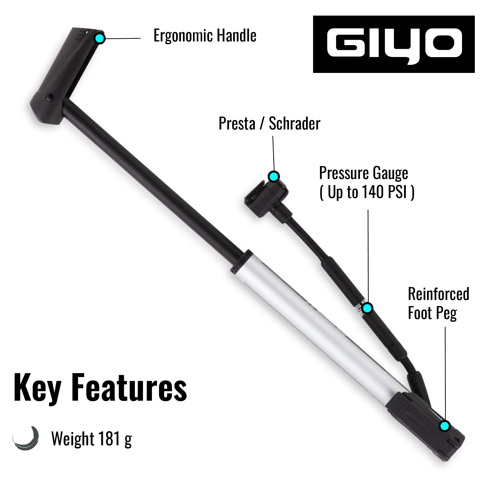 GIYO Mini pompa da pavimento per bici con manometro Pompa per pneumatici per bici portatile e leggera, in alluminio ad alto volume di pompaggio Presta/Schrader Telaio Montaggio Taiwan Made (GM-641)