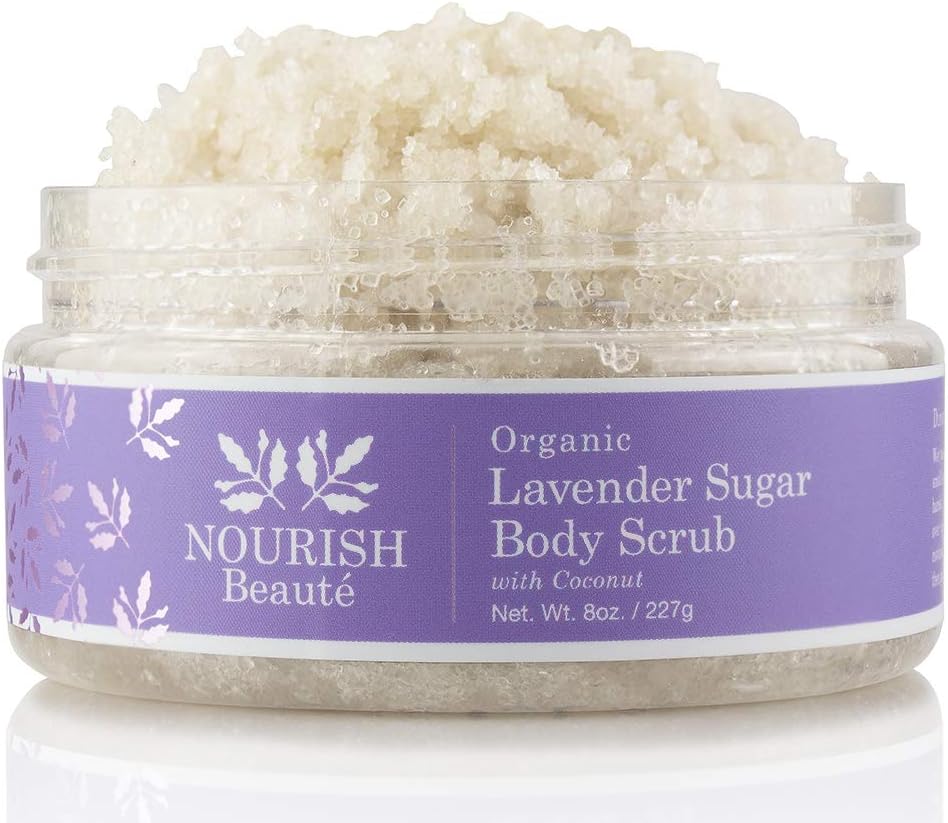 Nourish Beaute Organic Sugar Body Scrub for Exfoliation and Cellulite, Hydrates and Moisturizes Skin While Improving Skin Tone and Texture, 8 oz, Lavender