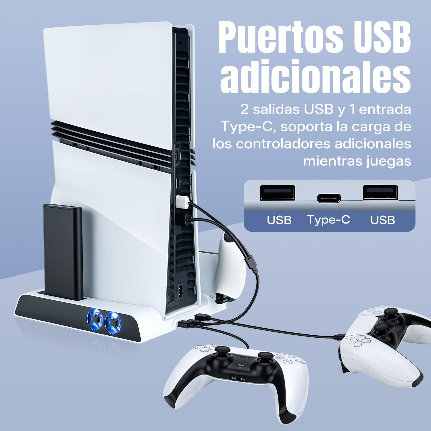Wigearss Soporte Vertical para PS5/PS5 Slim/PS5 Pro con Ventiladores de Refrigeración, Estación de Carga para Dos Mandos, Ventilador de Enfriamiento con 3 Niveles Ajustables