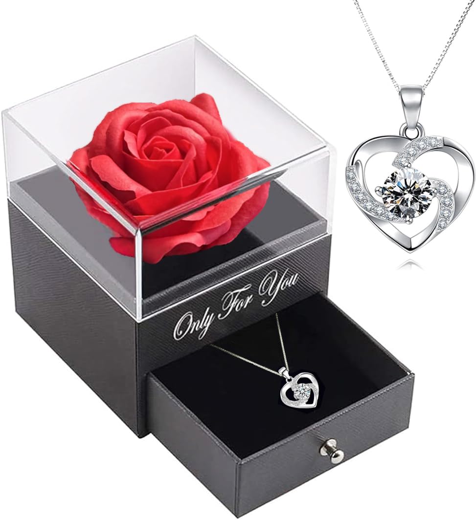Caja joyero con rosa preservada hecha a mano y gargantilla con colgante de corazón, regalo para ella, para día de San Valentín, día de la madre, aniversario, cumpleaños, para madre, hermana, esposa