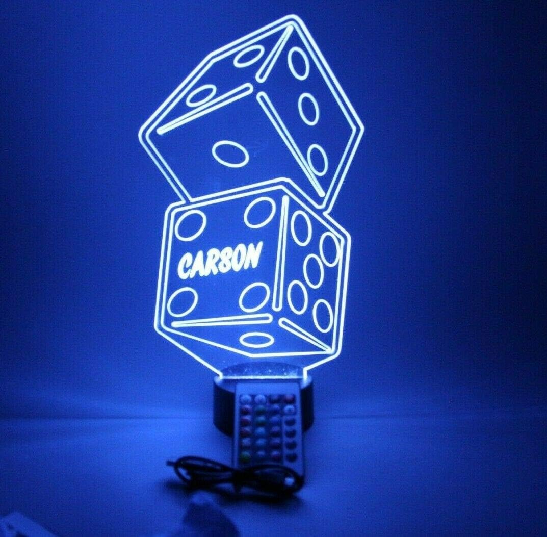 MIRROR MANIA Role Chance Casino Dice Stack Craps Night Light Up LED Free Engraved Custom Name Personalized Desk Table Lamp Room Decor, with Remote, 16 Color Options, Dimmer, It's Wow, Great Gift